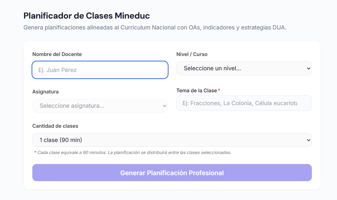 Pantalla real del Planificador de Clases Mineduc de Copiloto Docente